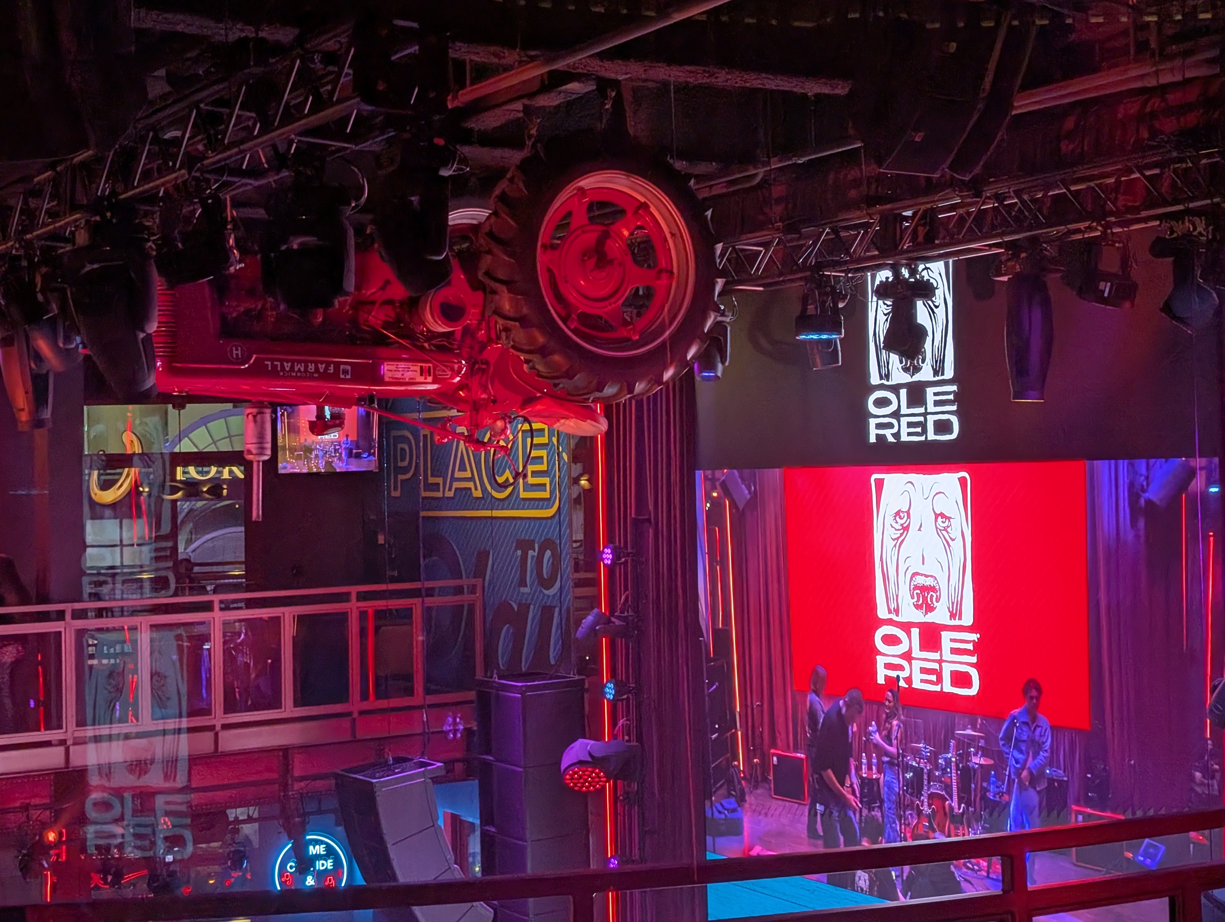 Upside-down red tractor decor at Ole Red Las Vegas.