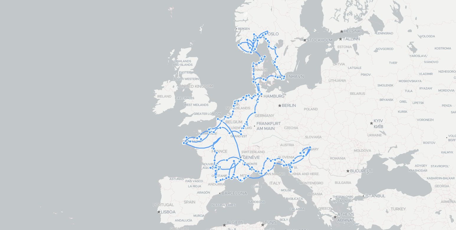 An overview map of Europe and Scandinavia showing a long journey using a thin blue line.