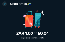 Screenshot of a money App showing 1 ZAR in South Africa is currently worth about 0.04 GBP.