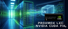 A high-tech digital illustration of a glowing server rack connecting data streams to a floating 3D container labeled "LXC". In the foreground, a dark terminal window displays the command "mknod /dev/nvidia-uvm" and the output "CUDA Available: True" next to the NVIDIA logo. The text "PROXMOX LXC: NVIDIA CUDA FIX" is written in a stylized font in the bottom right corner.
